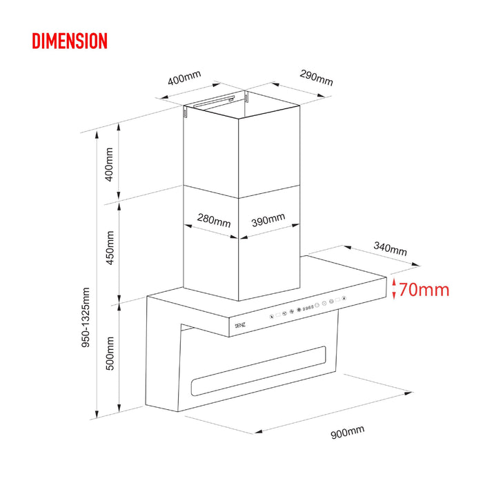 L Shape Design Heat Pro intelClean Cooker Hood STELLA Senz SZ-CH3288A